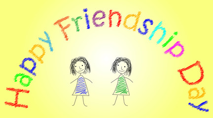 Design in pencil with two sketchy colored girls on bright yellow background. Vector art for card to celebrate the friendship day with colorful stylish wish.