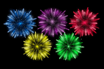 Vector Illustration of Fireworks. Realistic colored firecrackers on a black background. Brazil 2016. Sport concept banner. Rio de Janeiro