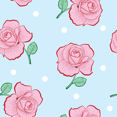 Pink roses and white dots seamless pattern