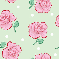 Pink roses and white dots on green seamless pattern