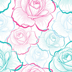 Color outline roses on white background vector seamless pattern