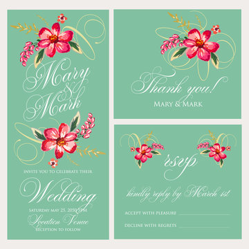 Wedding invitation set, thank you card, save the date cards. Wedding suite. RSVP card