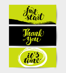 Vector flat artistic creative cards with lettering. Hand written font, text message, phrase. Love card, postcard, congratulation, invitation, party flayer. 