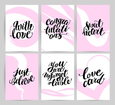 Vector flat artistic creative cards with lettering. Hand written font, text message, phrase. Love card, postcard, congratulation, invitation, party flayer.