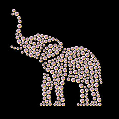 Fototapeta premium Vector animal portrait made with rhinestone gems isolated on black background. Animal logo, african animal icon. Jewelry pattern, elephant stand.