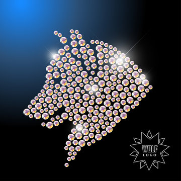 Vector animal portrait made with rhinestone gems isolated on black background. Logo, wild animal icon. Jewelry pattern, wolf, dog head. Close up.