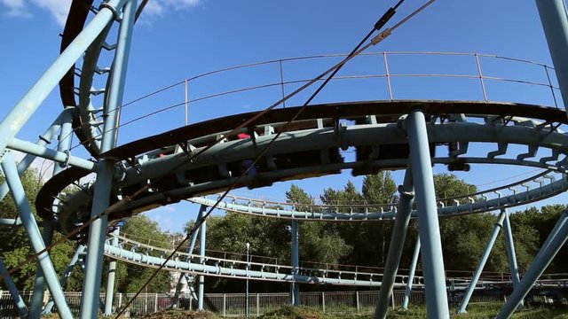 Rollercoaster train is moving along the loop, train gyrates
