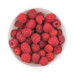Fresh raspberries in bowl isolated on white background