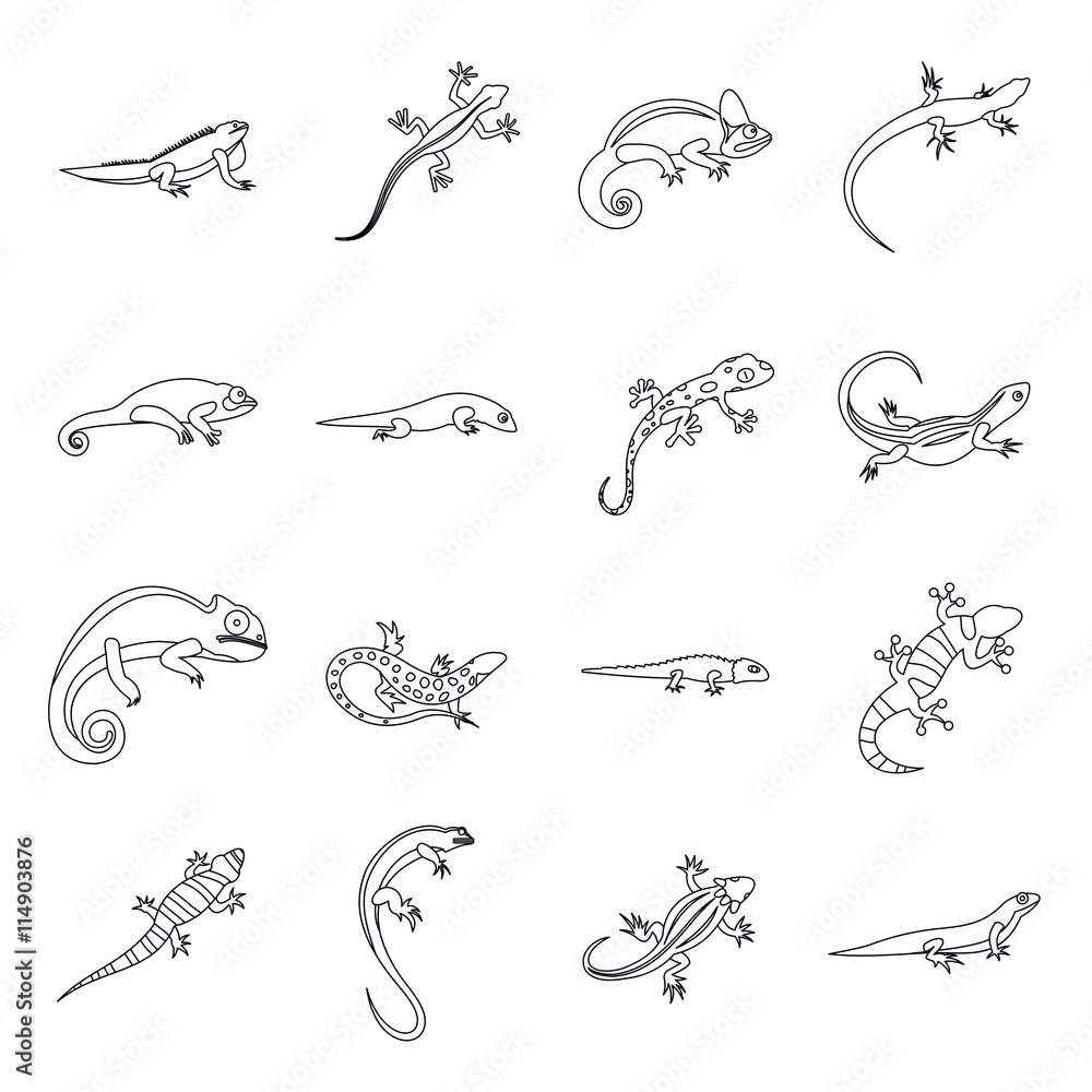 Poster lizard icons in outline style. line lizards set isolated vector illustratration