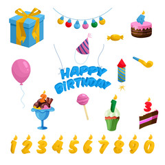 Birthday icons set cartoon isolated vector illustration