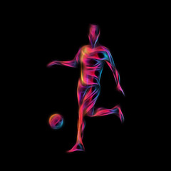 Soccer player kicks the ball. The colorful  illustration on black background.