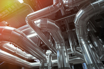 Obraz premium Industrial zone, Steel pipelines, valves, cables and walkways