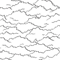 Black and White Nature Seamless Pattern. Repetitive Texture with Hand Drawn Clouds or Moumtains. Vector Doodle Background. Ready Swatch Included in File