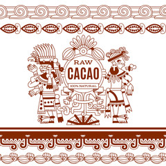 sketch drawing aztec cacao bean, leaves, nibs, pattern