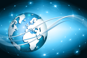 Naklejka premium Best Internet Concept of global business. Globe, glowing lines on technological background. Electronics, Wi-Fi, rays, symbols Internet, television, mobile and satellite communicationsblue blur