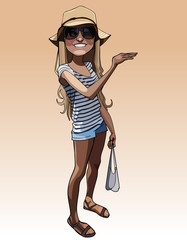 cartoon smiling girl in a summer clothes and sunglasses