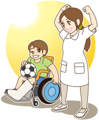 車椅子の男の子と看護婦さん（背景）