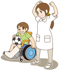 車椅子の男の子と看護婦さん