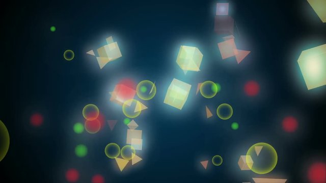 Animation of moving glowing different shapes on a dark background