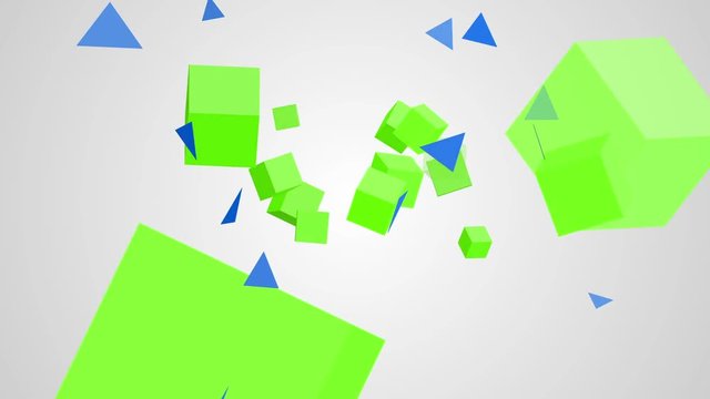 Animation of rotation green and blue cubes and triangles on a white background