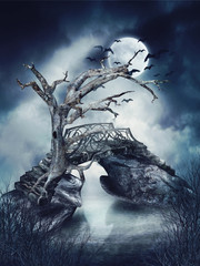 Martwe drzewo i stary most na rzece nocą © Obsidian Fantasy