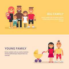 Big family and young family. Colored web banners on yellow and pink background