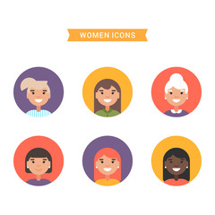 Fototapeta premium Icons of diverse smiling women. Bright colored flat vector illustrations isolated on white background