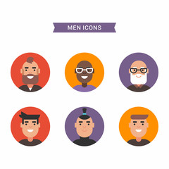 Icons of diverse smiling men. Bright colored flat vector illustrations isolated on white background