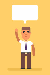 Man raised one hand up. Attention. Text bubble cloud. Colored flat vector illustration on yellow background