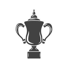 Cup prize trophy with handles. Black icon, logo element, flat vector illustration isolated on white background.