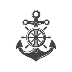 Ship steering wheel and anchor. Black icon, logo element, flat vector illustration isolated on white background.