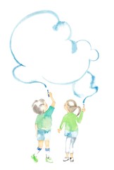 チョークと子ども2人、雲