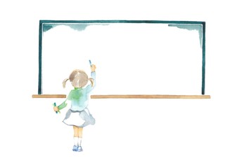チョークと子ども1人、黒板