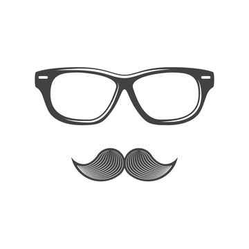 Glasses and moustache. Black icon, logo element, flat vector illustration isolated on white background.