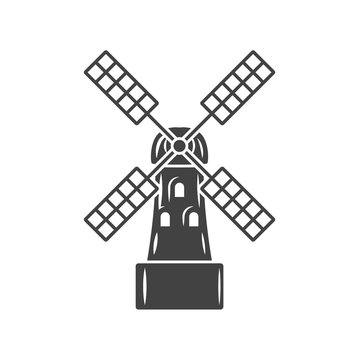 Mill, old fashioned windmill. Black icon, logo element, flat vector illustration isolated on white background.