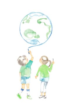 チョークと子ども2人、地球