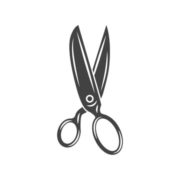 Large dressmaking, tailoring, sewing scissors. Black icon, logo element, flat vector illustration isolated on white background.