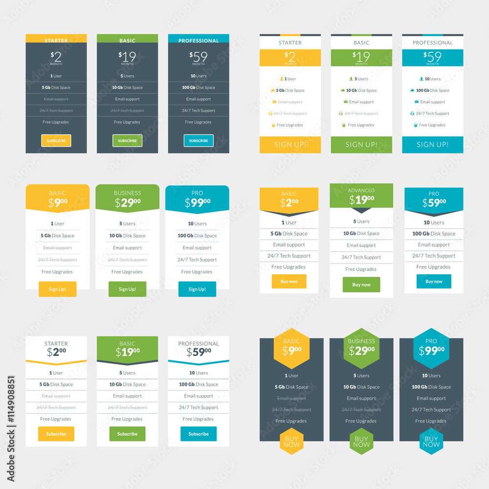 Wall mural set of pricing table design templates for websites and applications. vector pricing plans. flat styl