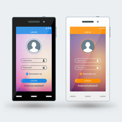 Modern smartphone with registration screen. Flat design template for mobile apps. Black and white smartphones. Vector illustration