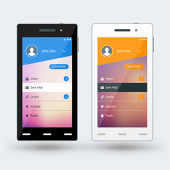 Modern smartphone with email app screen. Flat design template for mobile apps. Black and white smartphones. Vector illustration