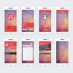 Set of vector illustrations of modern smartphone with apps. Flat design template for mobile apps. White smartphones. Vector illustration