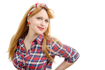 portrait of a pretty girl in retro style on white