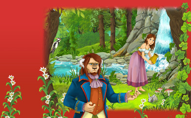 Obraz na płótnie Canvas Cartoon fairy tale scene with young woman near the waterfall and some kind of beat prince - manga girl - illustration for children