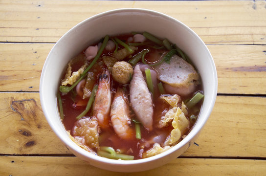 Yong tau foo or Pink seafood flat noodles