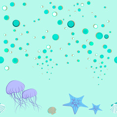 Fototapeta na wymiar Seamless pattern with jellyfish, starfish and shell. Seamless background for kids.