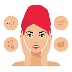Facial Care, Skin Defects, Problems, Acne, Seborrhea, Seborrheic Dermatitis, Wrinkles, Dark Spots. icons. Cosmetologist, Dermatologist.