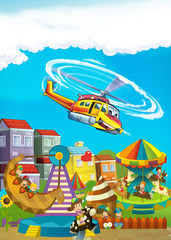 Obraz na płótnie Canvas cartoon scene with children having fun in amusement park happy nad funny helicopter is flying over