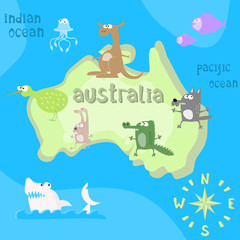 Concept design map of australian continent with animals drawing in funny cartoon style for kids and preschool education. Vector illustration