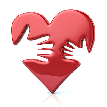 3d Illustration Of Adult And Kid Hand On Red Heart