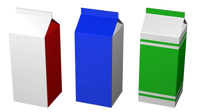 Cartons of milk turn around. Loopable. Alpha channel. 3D rendering.